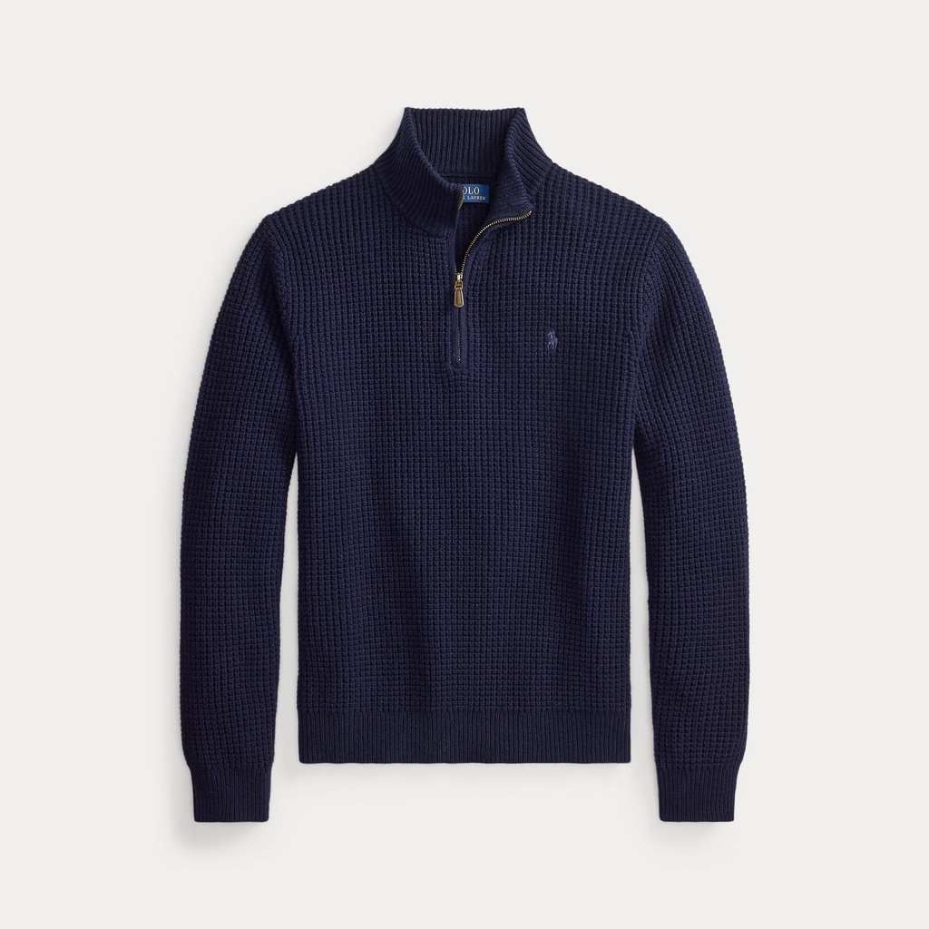 Pull en laine et coton maille gaufré Col Demi Zip