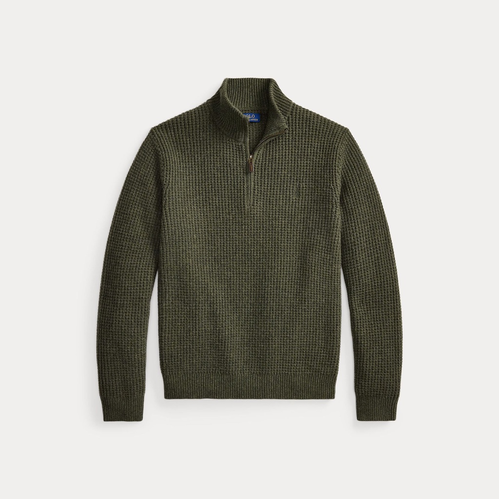 Pul en Laine et Coton à Maille Gaufrée Olive